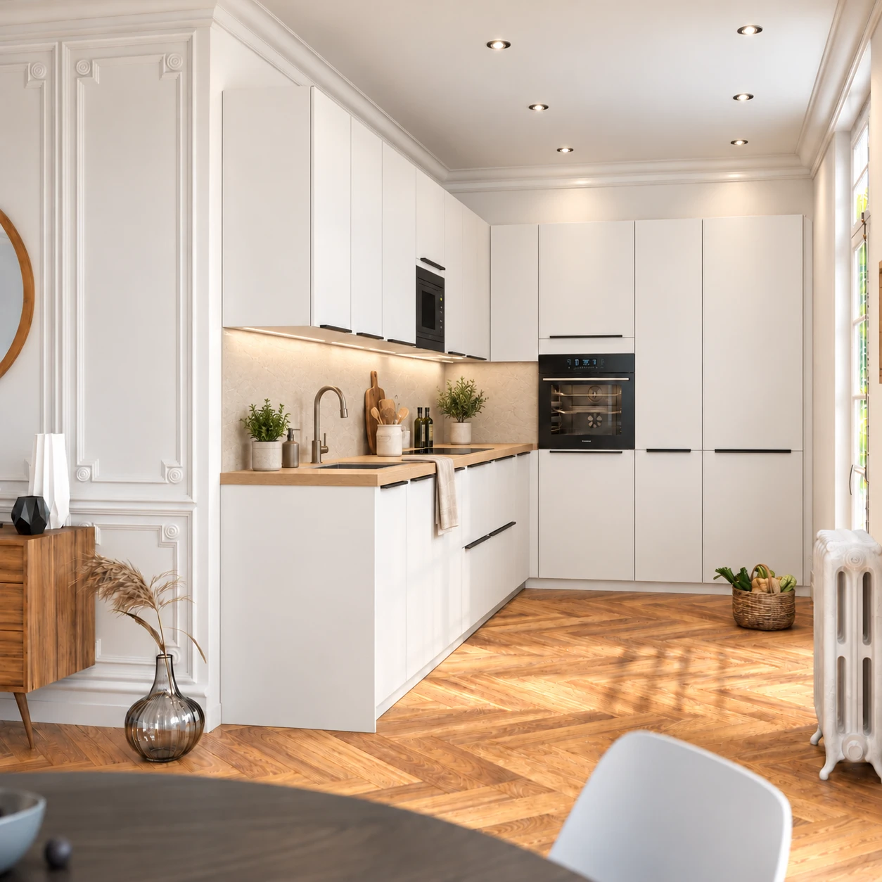 Cuisine Cassis blanche avec un plan aspect chêne clair