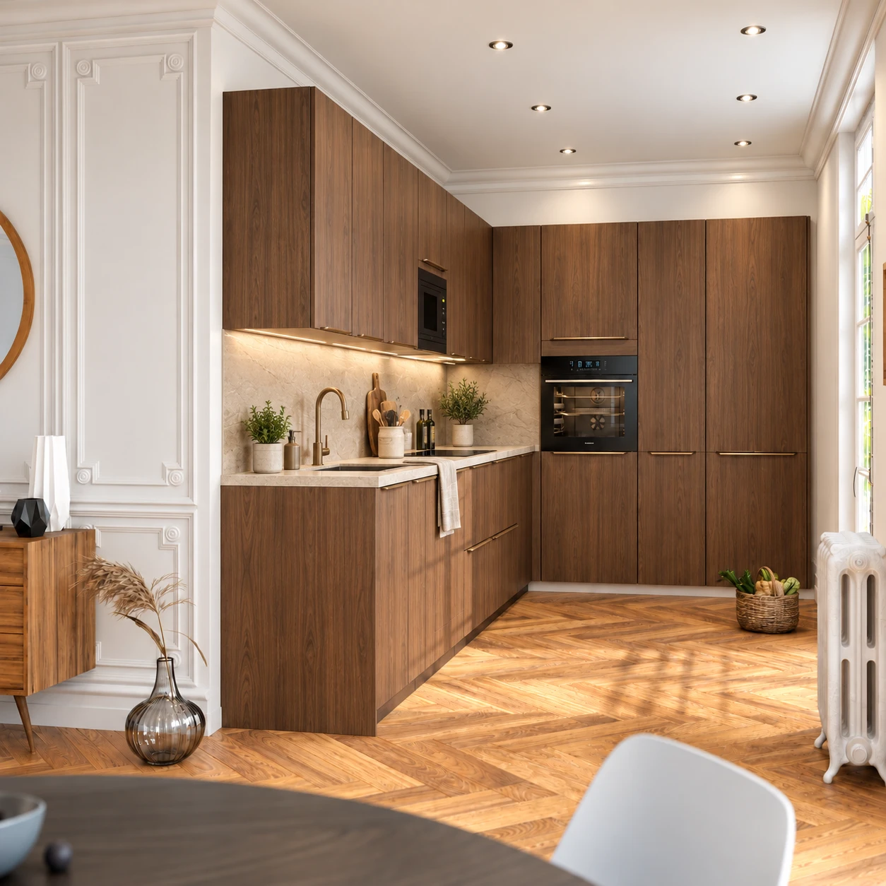 Cuisine Cassis aux façades aspect noyer avec un plan beige