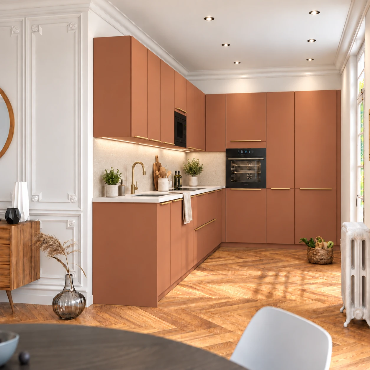 Cuisine Cassis terracotta avec un plan blanc